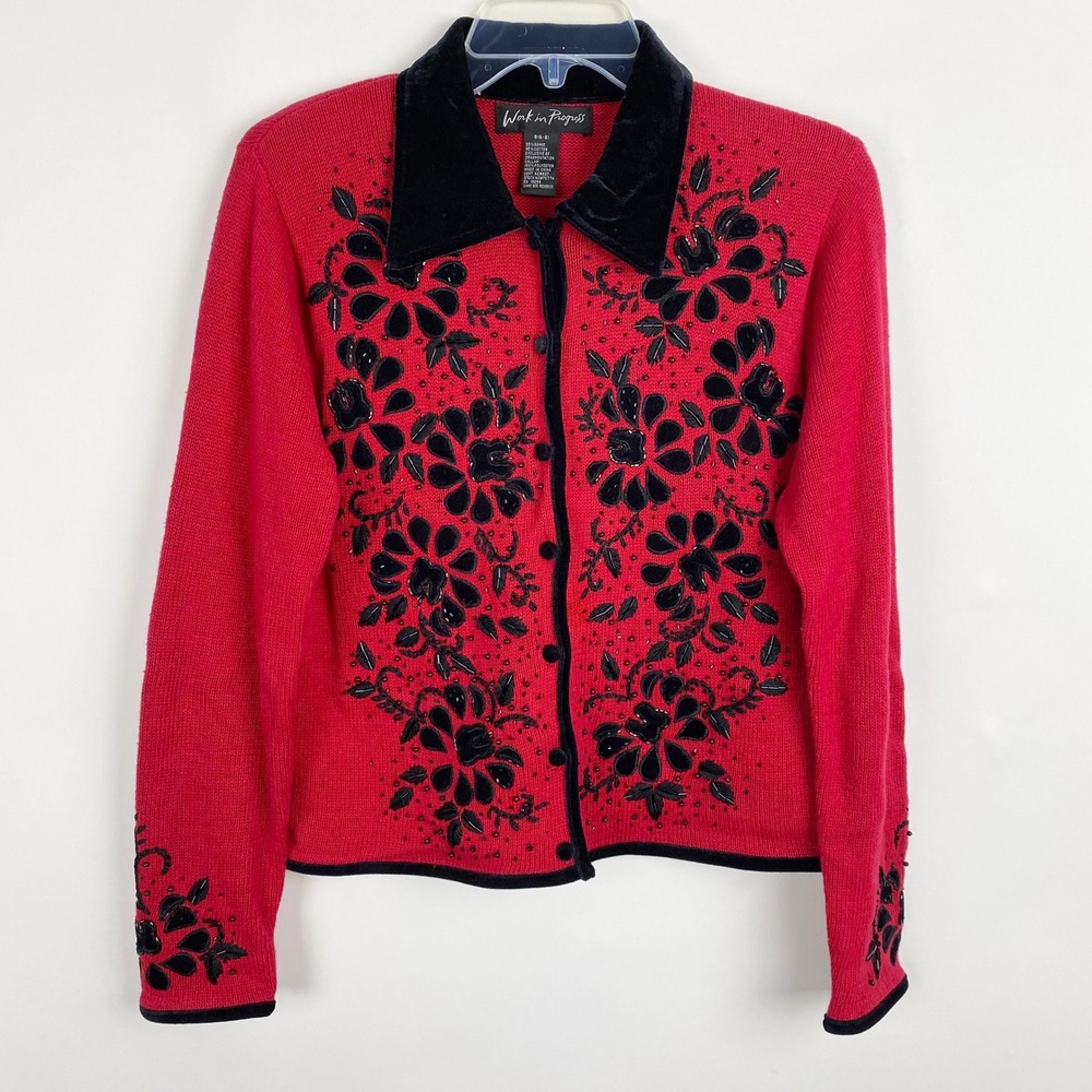 Work in Progress Beaded Floral Velvet Trim Cardigan Sweater Women S‎ Red Black